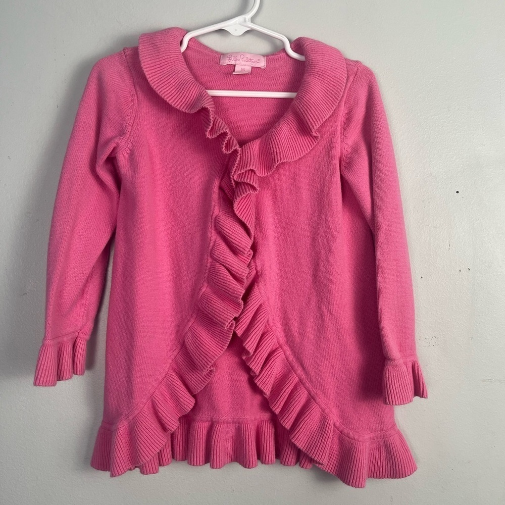 Lilly Pulitzer Curious Pink Maple Sweater Ruffle Cardigan Sz 2/3 preppy Barbie